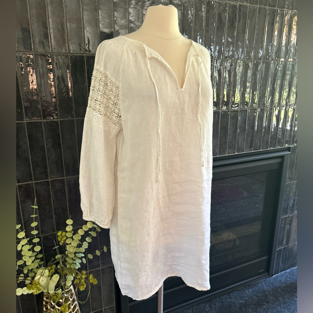 NILI LOTAN size S 100% Linen Dress Crochet Smocked Detail 3/4 slv Tie Neck